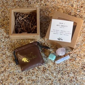 Calm + Anti-Anxiety Crystal Set — Brown Pouch with Pink, Green, Blue Stones